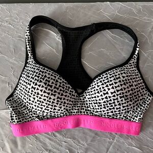 Nicole Miller Black and White Sports Bra with Pink Band size M